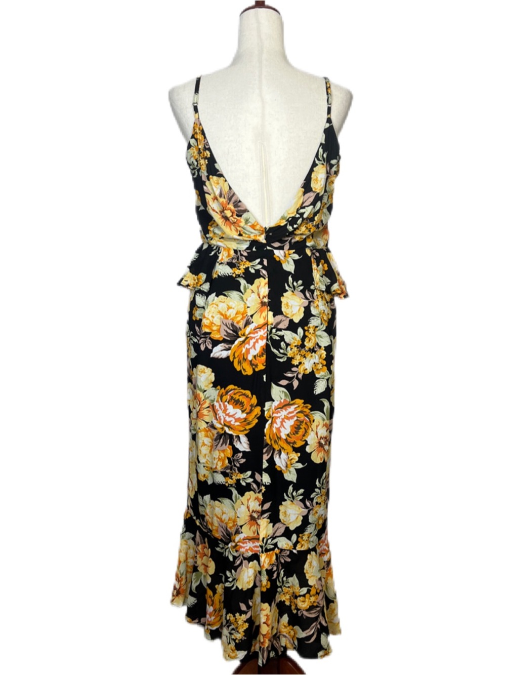 BARDOT Women’s Size S Black Yellow Floral Sleeveless Faux Wrap Peplum Midi Dress - Picture 3 of 13